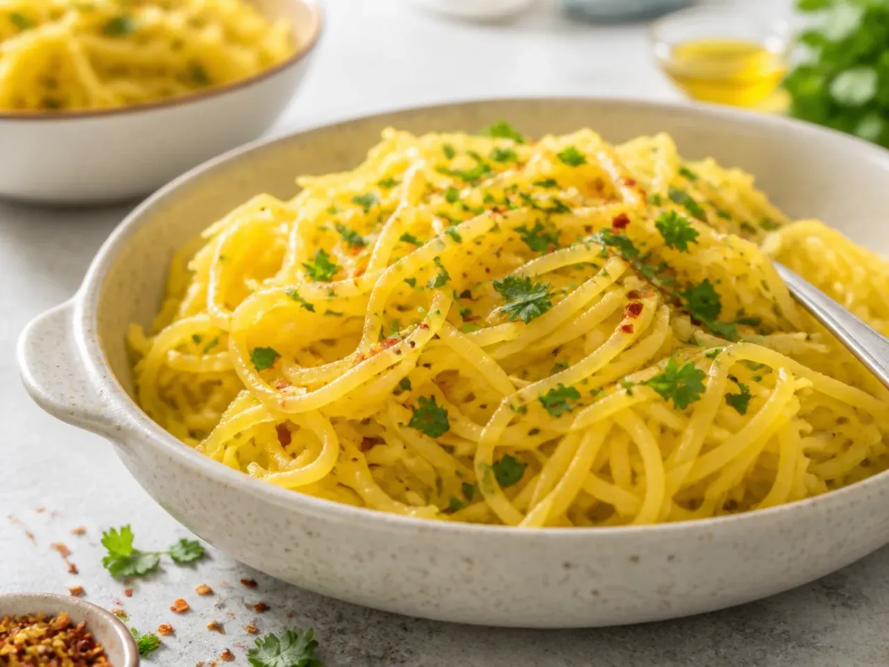 Spaghetti squash halves microwaving cut-side down in a covered glass dish