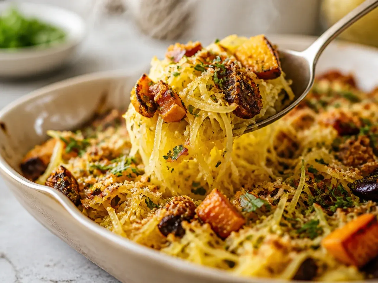 Roasted courgette, red pepper, and onion mixed through spaghetti squash strands