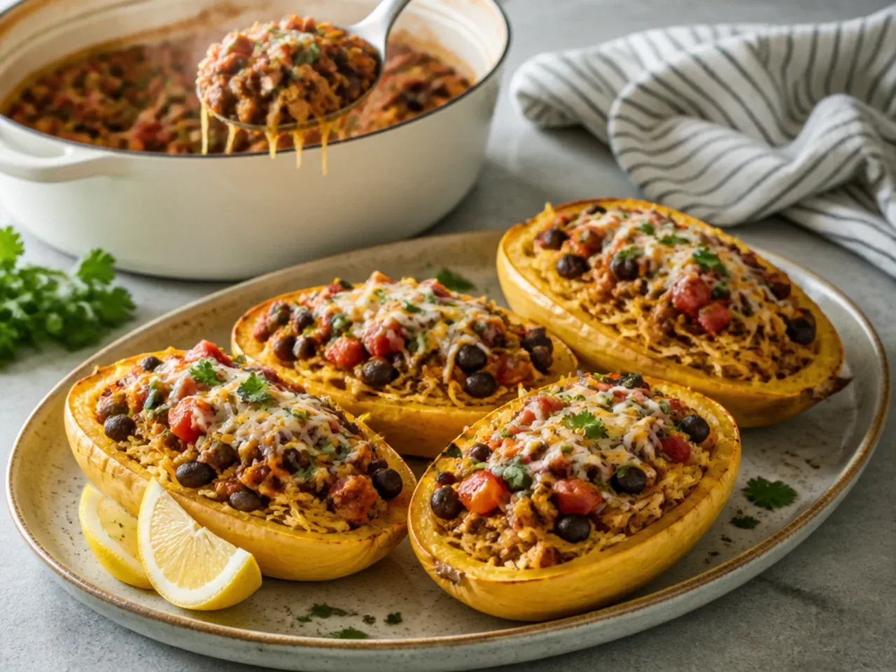 Spaghetti squash boat loaded with taco beef, black beans, cheddar, and avocado
