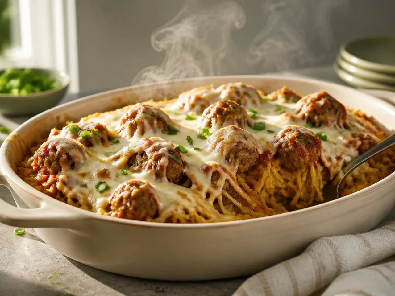 Family-size baking dish of spaghetti squash and meatballs topped with melted mozzarella
