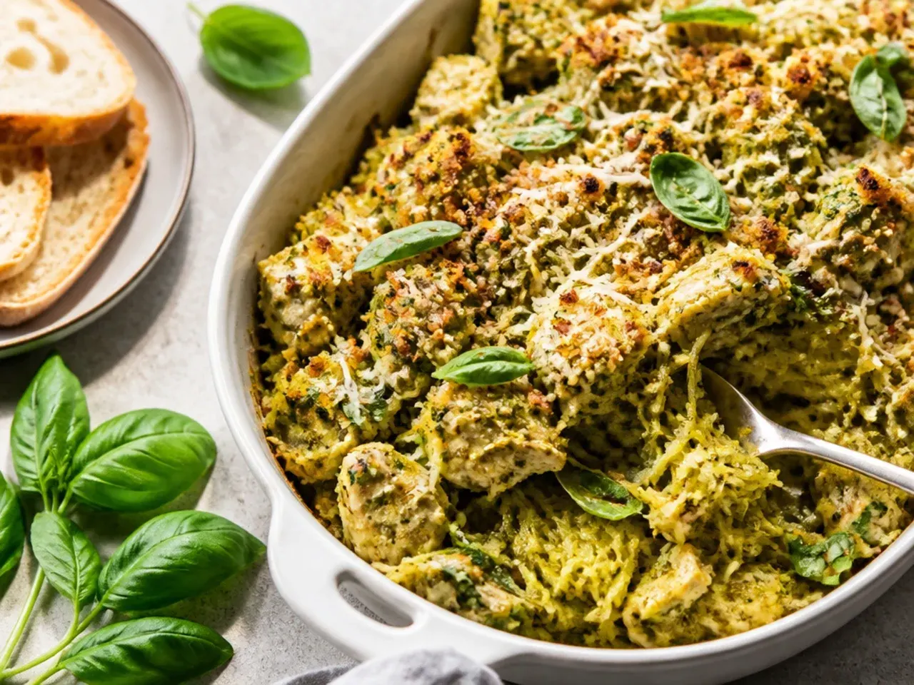 Pesto, shredded chicken, and cherry tomatoes tossed through spaghetti squash strands