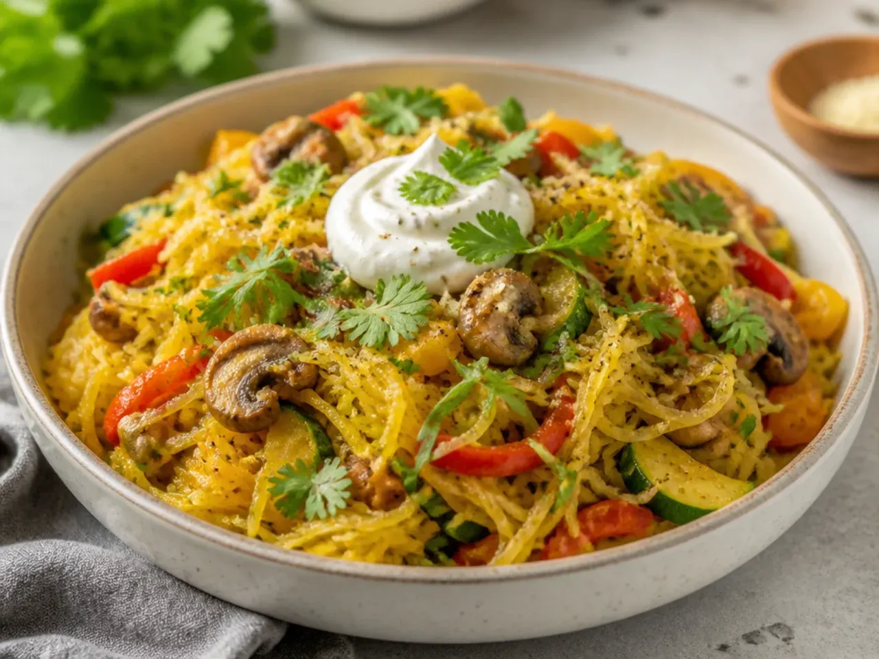 Spaghetti squash primavera with asparagus, peas, and tomatoes in a skillet