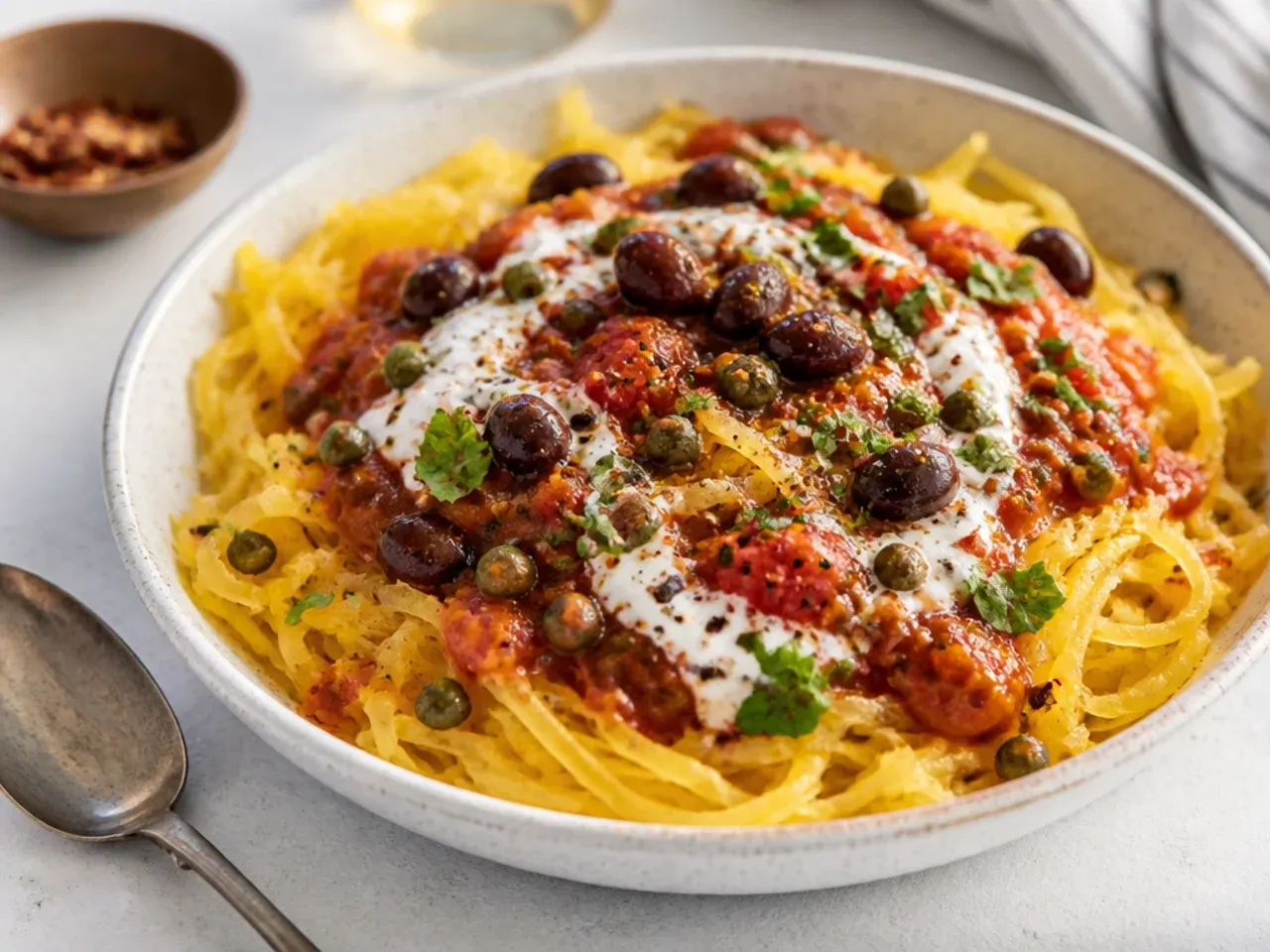 Puttanesca sauce with olives and capers spooned over spaghetti squash strands