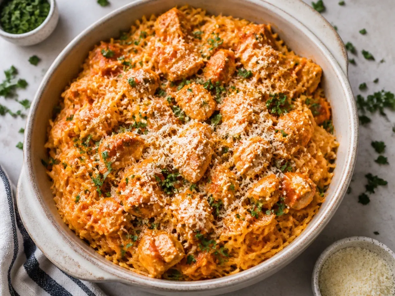 Buffalo shredded chicken and blue cheese tossed through spaghetti squash strands