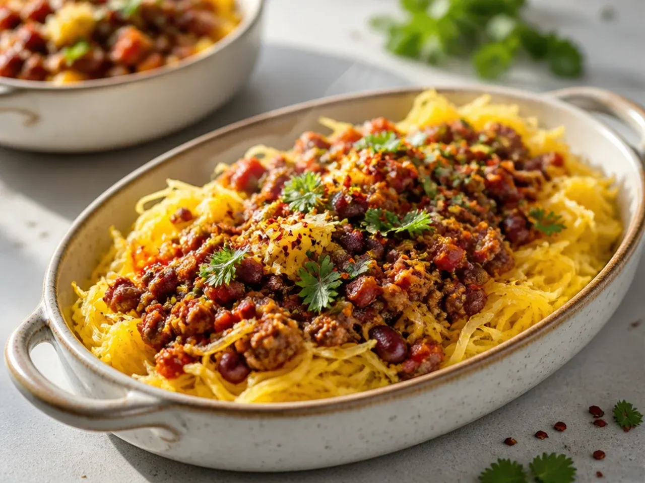 Spaghetti squash boat stuffed with beef chilli and melted cheddar