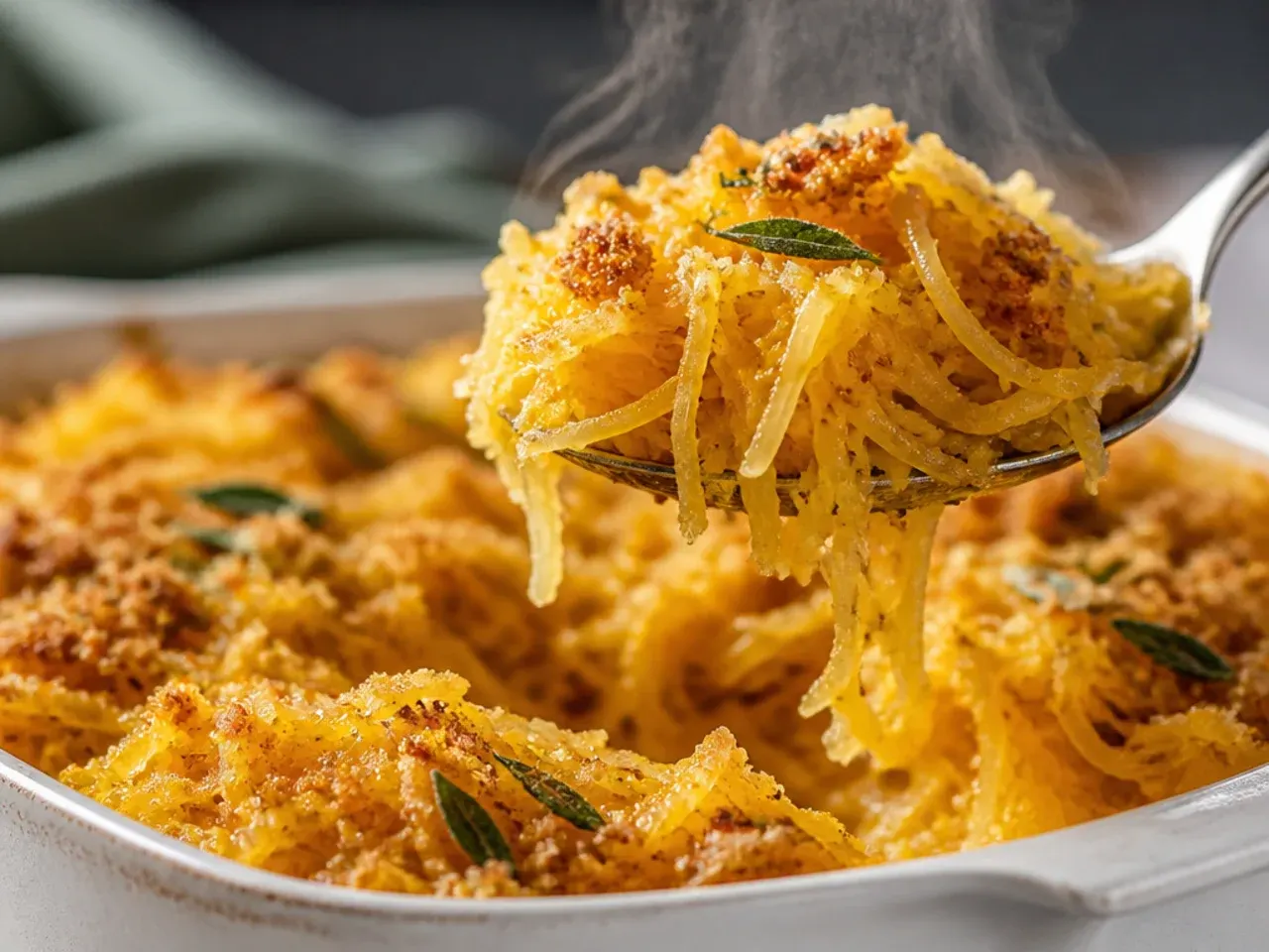 Spaghetti squash strands with roasted butternut squash, crispy sage, and pumpkin seeds