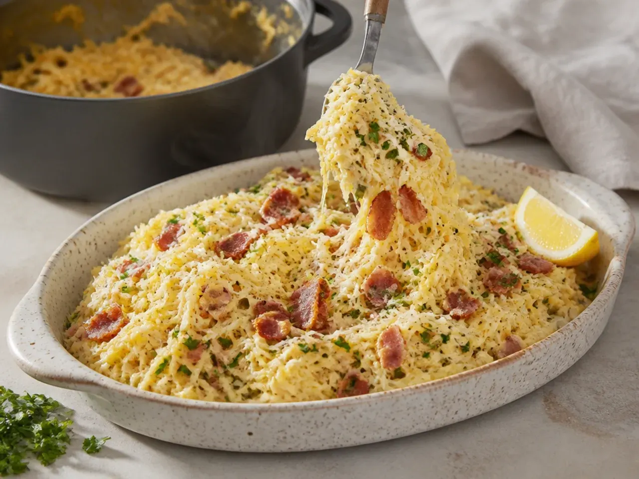 Glossy egg and Parmesan sauce coating spaghetti squash strands with crispy turkey bacon