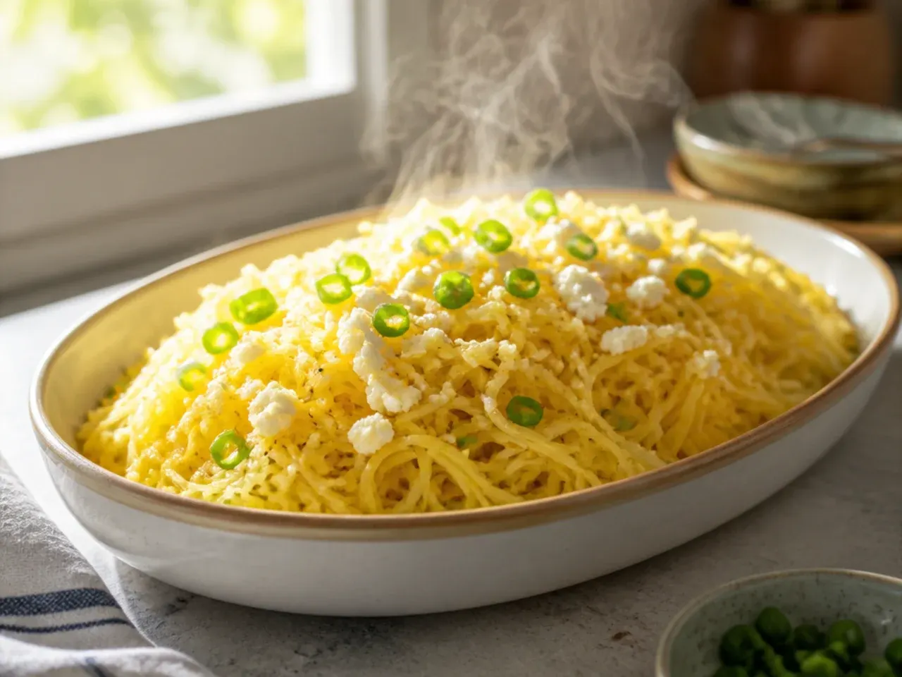 Cold spaghetti squash salad with feta, cherry tomatoes, and fresh herbs