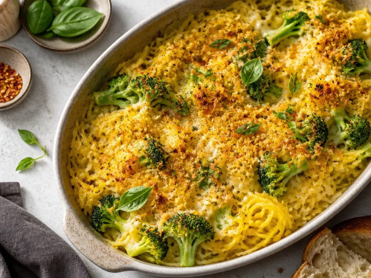 Broccoli florets and cheddar sauce mixed through spaghetti squash strands