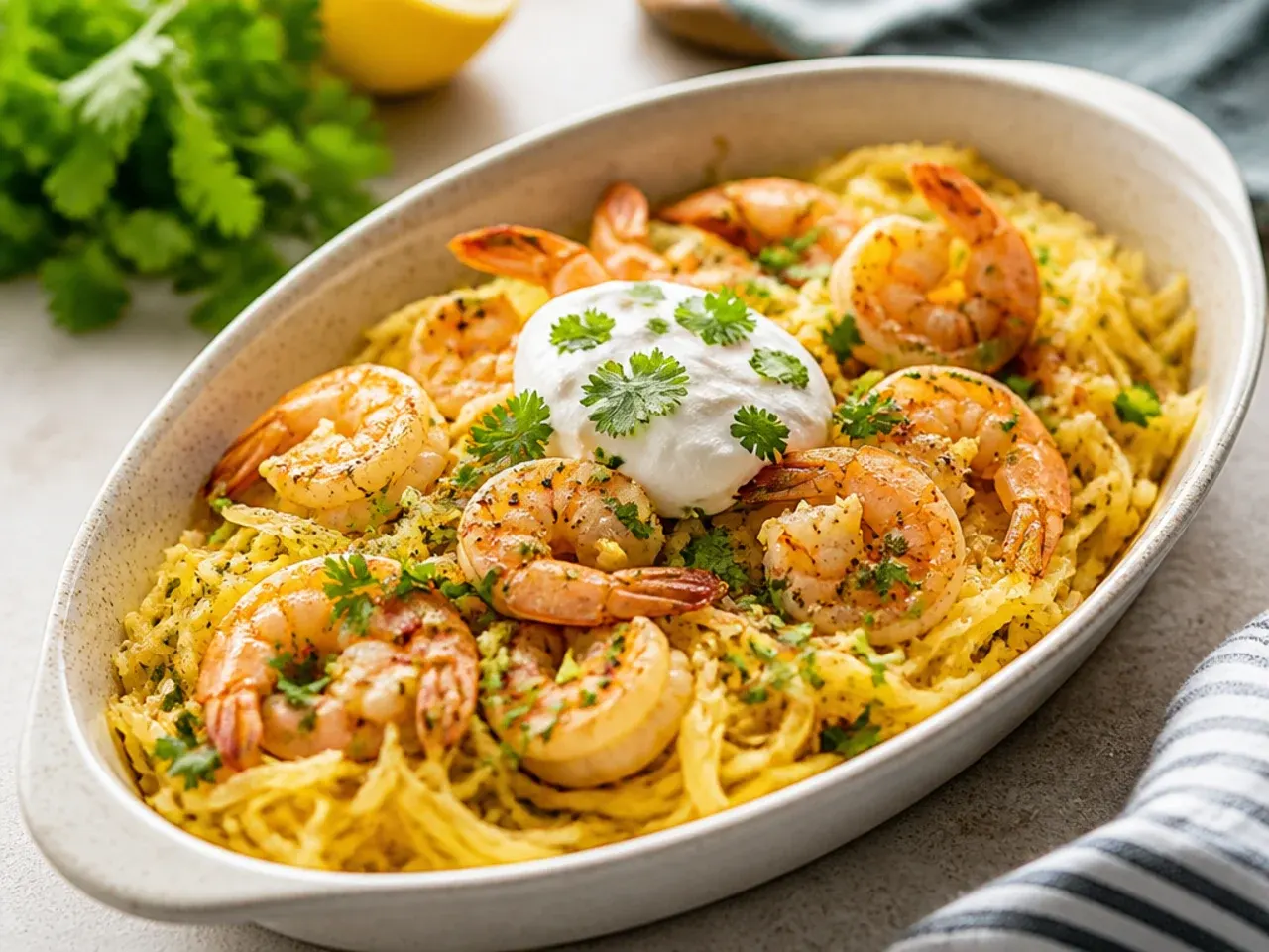 Garlic butter prawns tossed through spaghetti squash strands with parsley and lemon