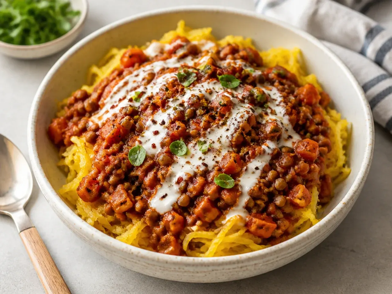 Lentil bolognese sauce spooned over spaghetti squash strands