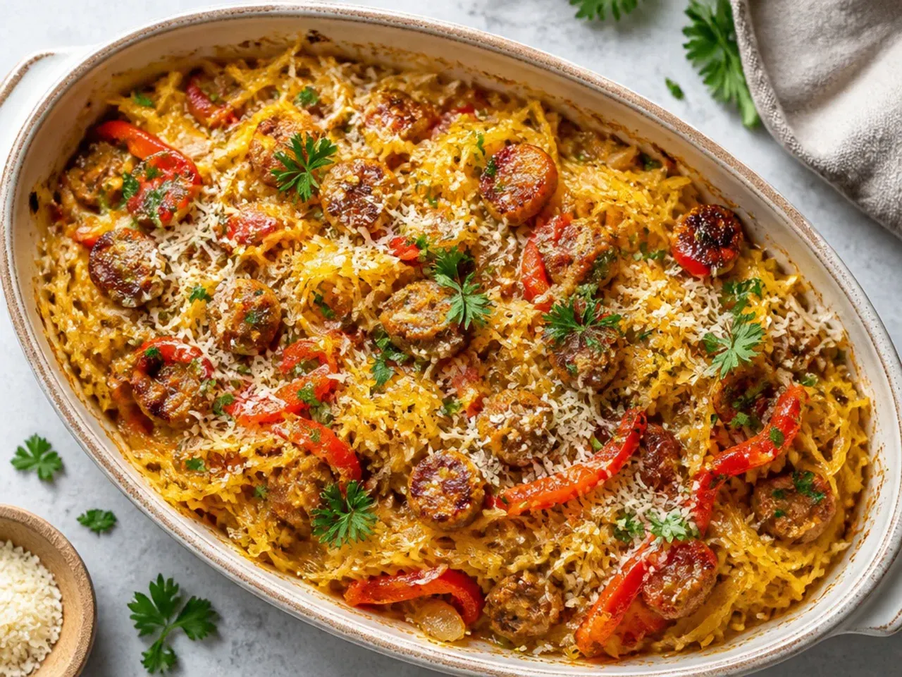 Sheet pan of roasted spaghetti squash, sliced sausage, tomatoes, and peppers