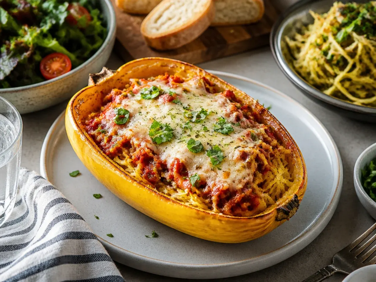 Spaghetti squash dinner plated with a green side salad and garlic bread
