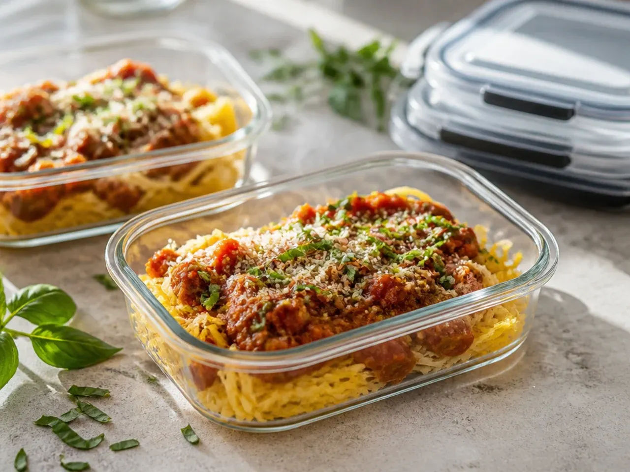 Leftover shredded spaghetti squash stored in a glass airtight container in the fridge