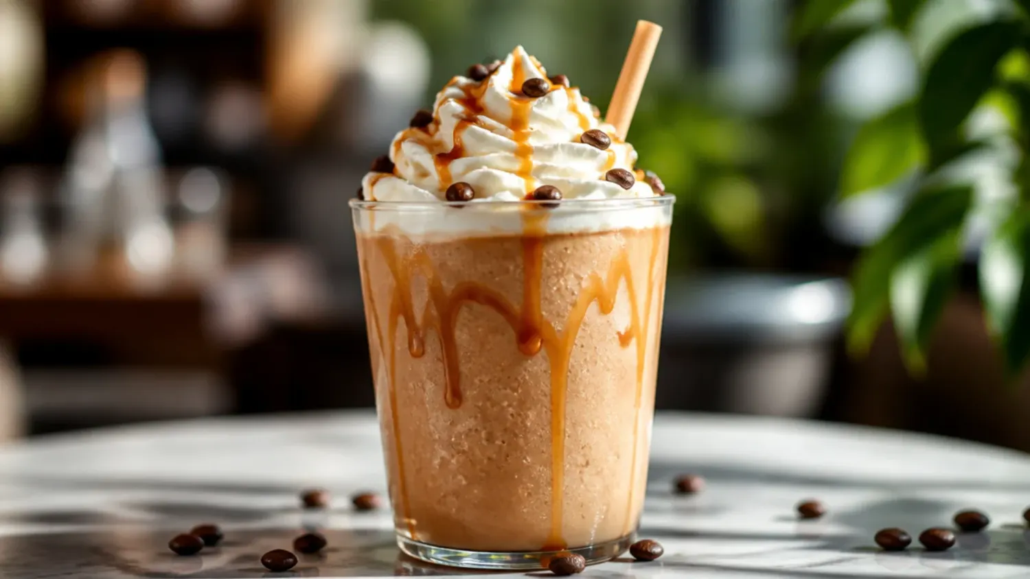 A row of iced healthy Starbucks copycat drinks in clear glasses on a wooden counter, garnished with mint and fresh strawberries