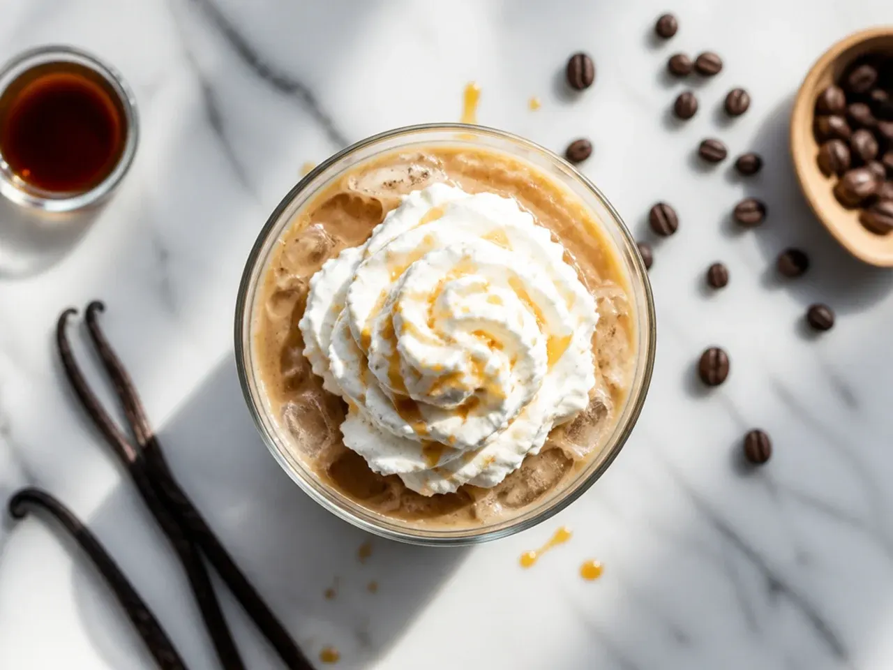 Iced skinny vanilla latte in a tall glass with espresso swirling through almond milk