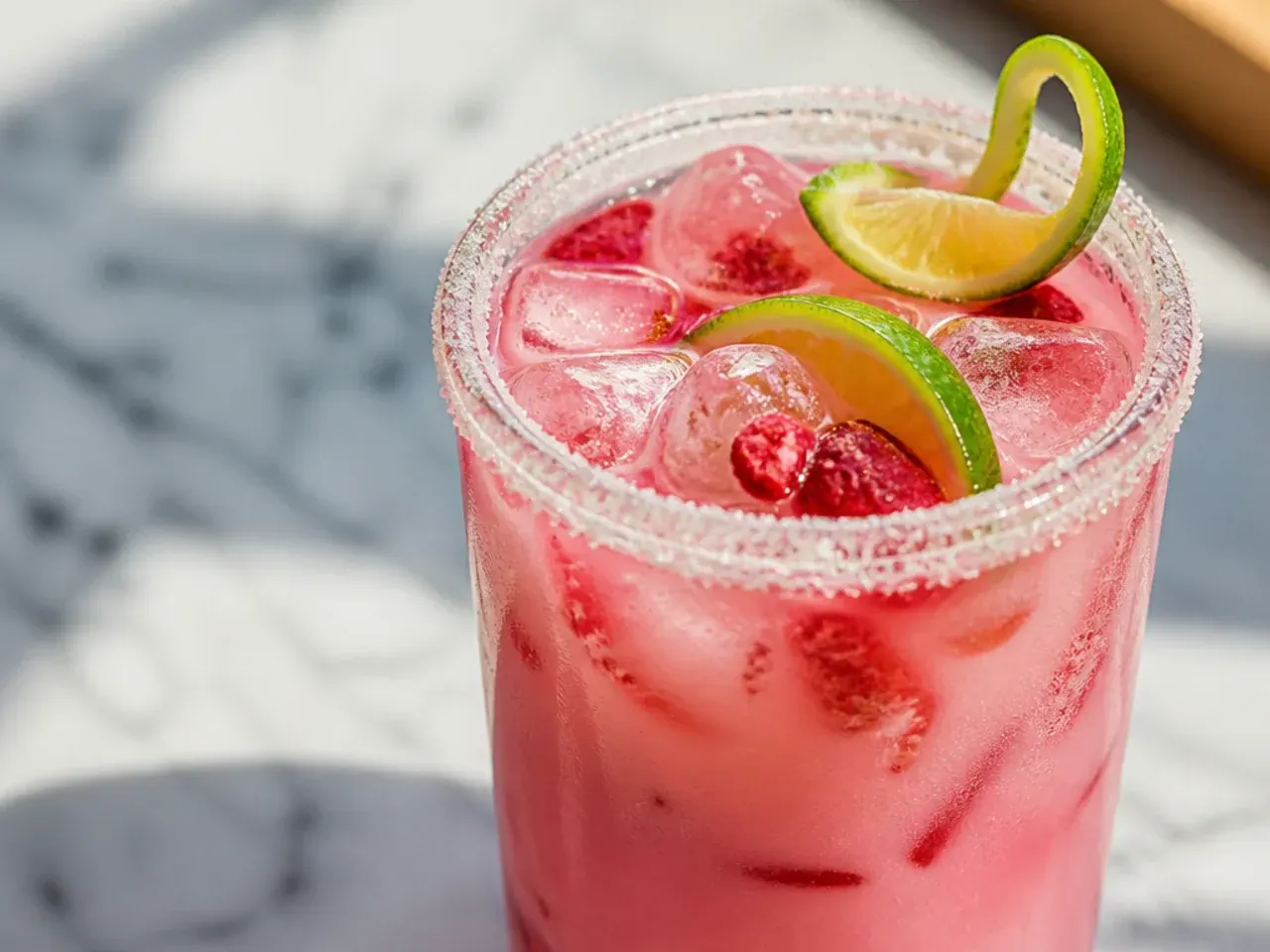 Pink Drink copycat in a glass with coconut milk swirling into hibiscus tea and freeze-dried strawberry pieces