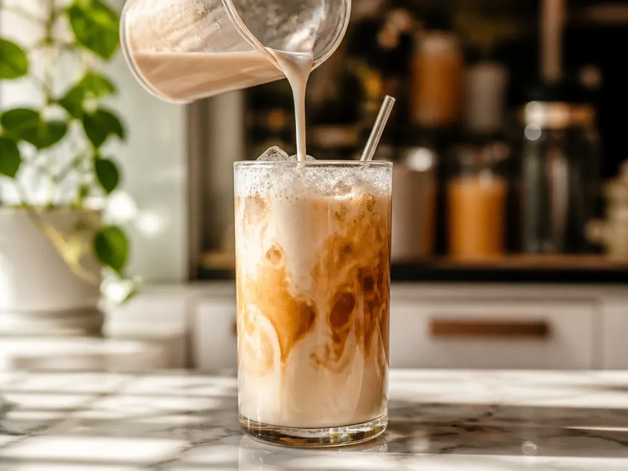 Creamy blonde vanilla oat latte with a thick layer of oat milk foam on top