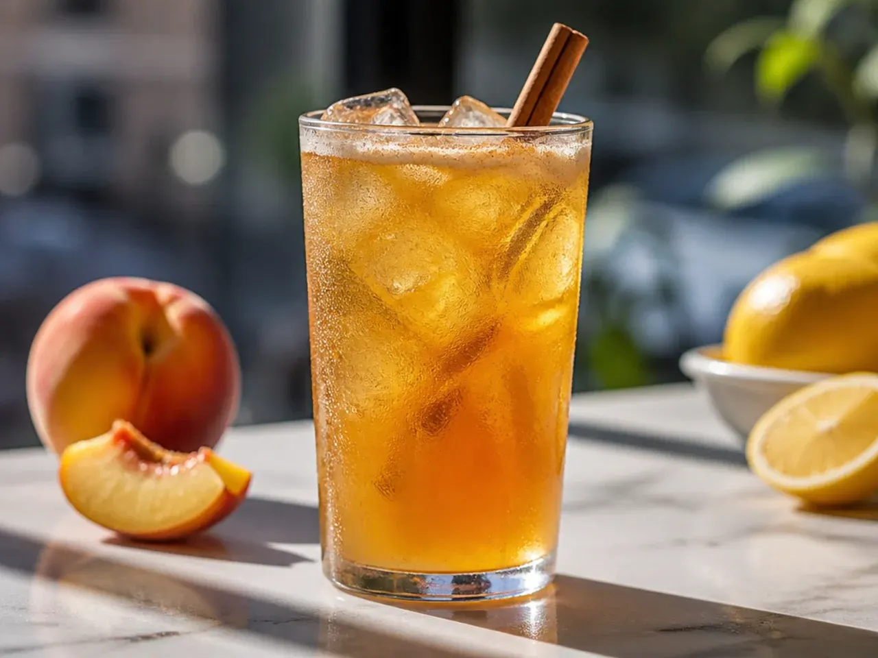 Peach green tea lemonade in a glass pitcher with lemon slices and ice