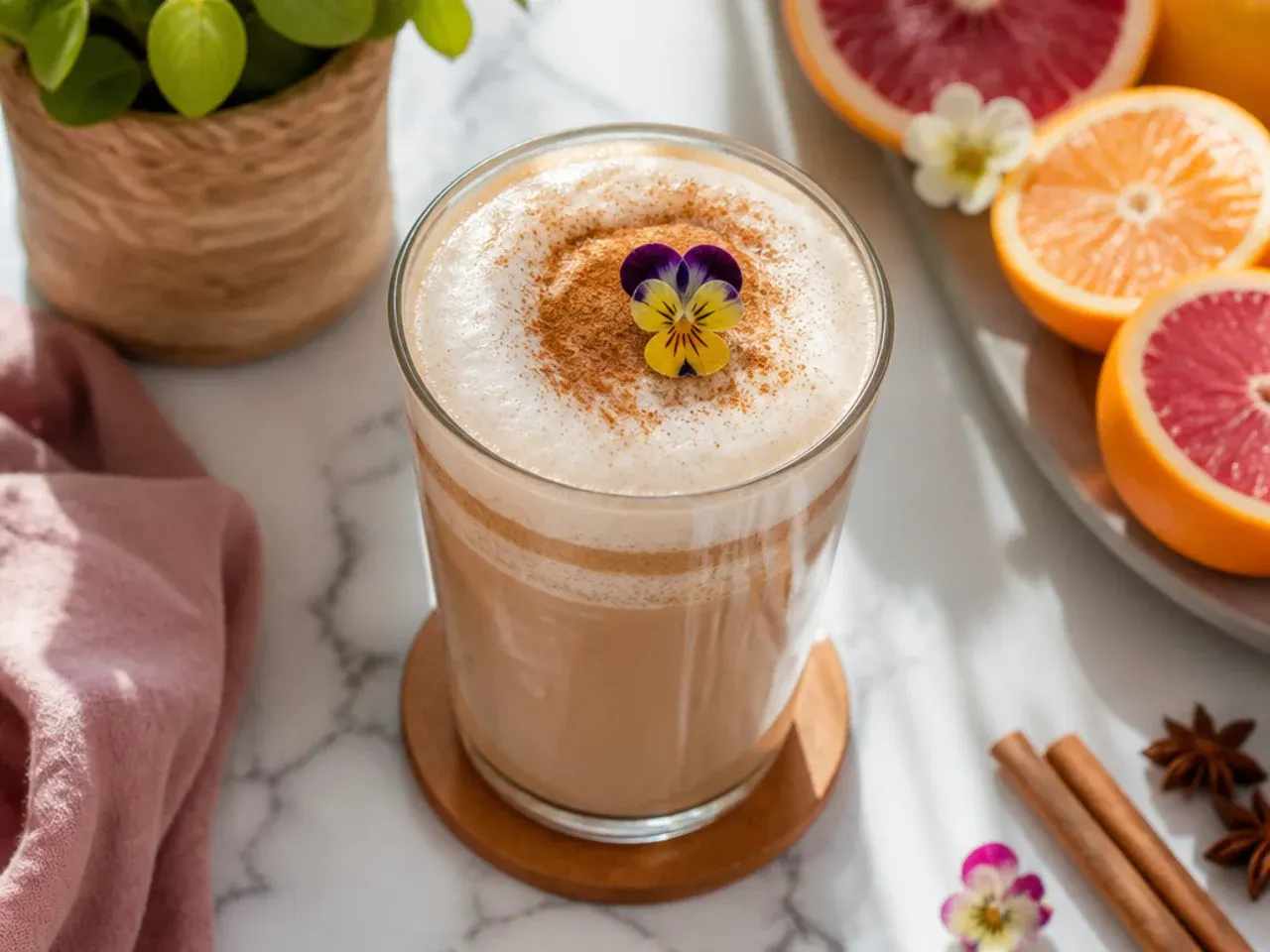 Cozy cinnamon dolce latte in a mug dusted with cinnamon, steam rising