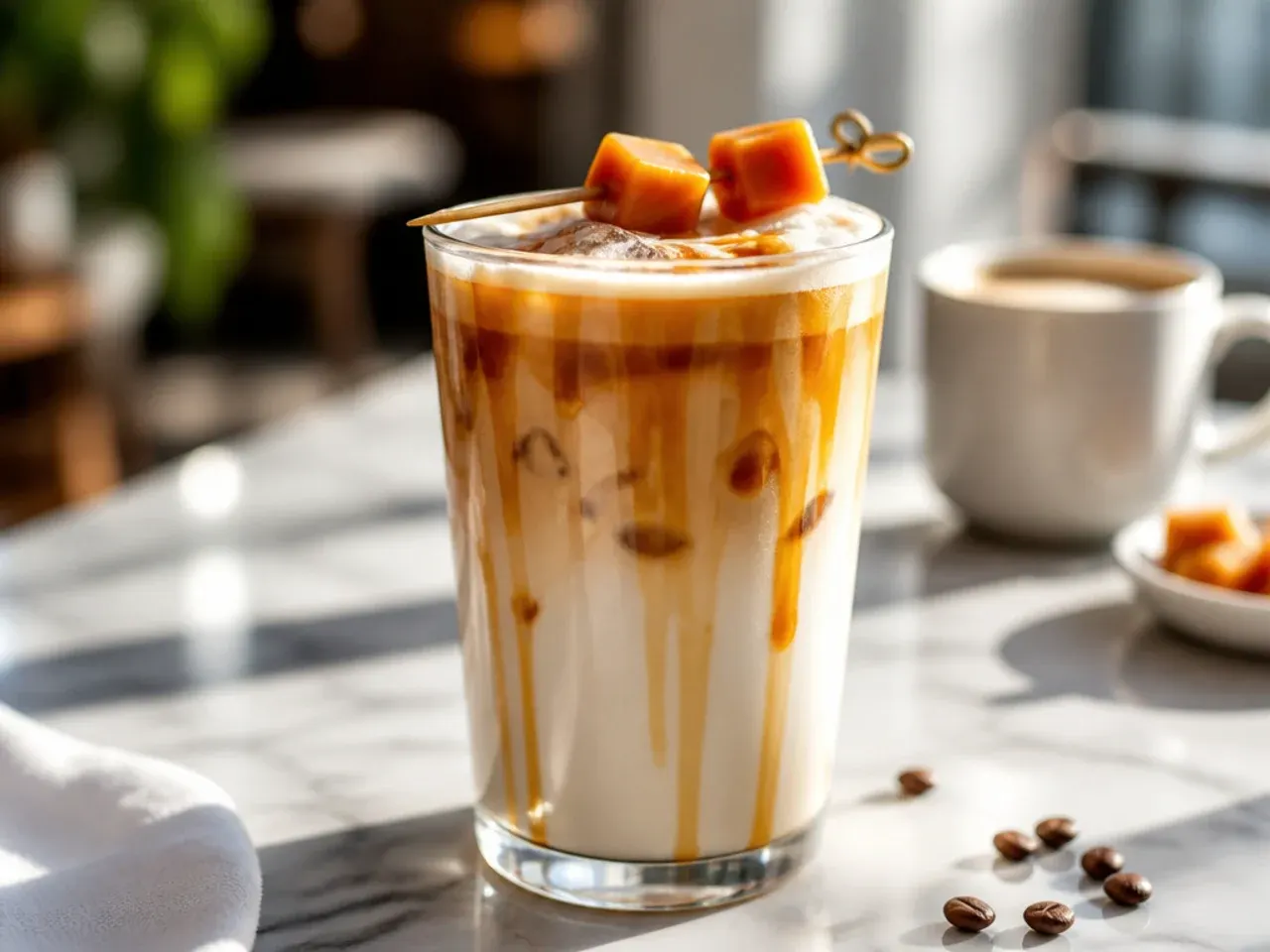 Sugar-free caramel macchiato with espresso layered over steamed milk and a caramel drizzle on top