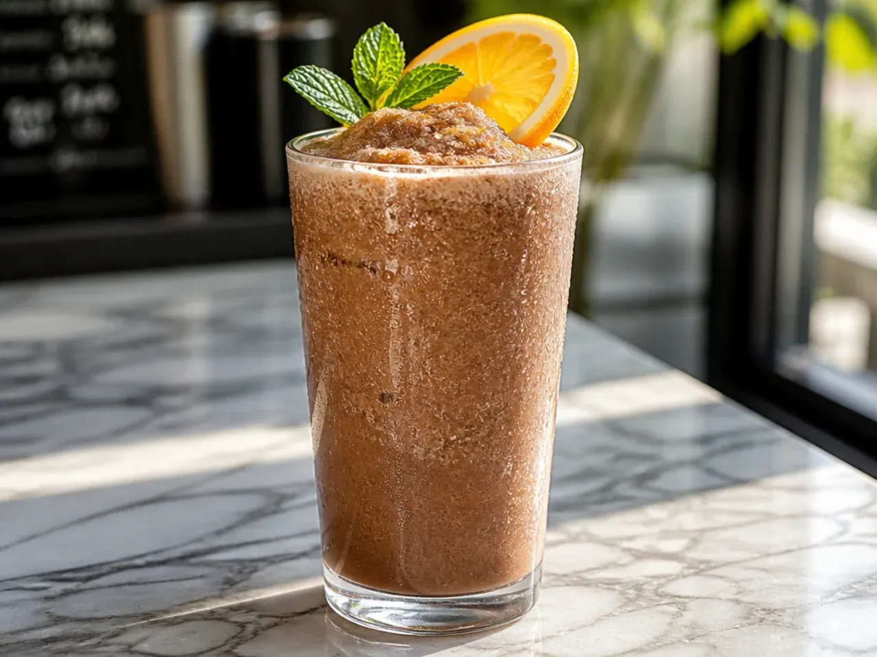 Frozen mocha frappuccino light poured into a glass with a light dusting of cocoa on top