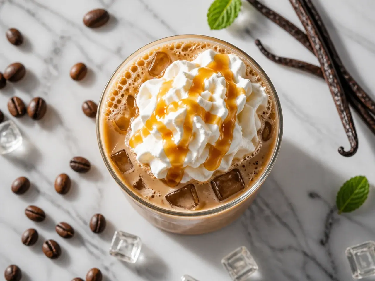 Easy iced coffee with vanilla syrup poured over ice in a mason jar