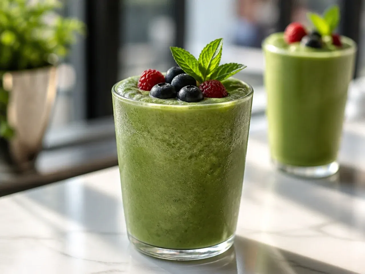 Blended matcha green tea frappuccino in a glass with a vivid green colour and frothy top