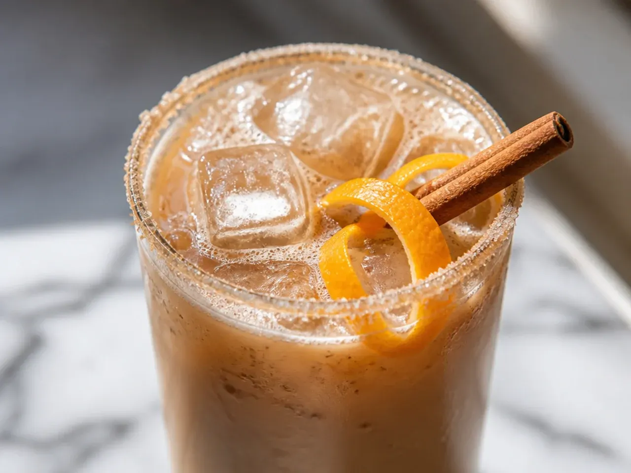 Spiced skinny chai latte in a mug with a cinnamon stick and dusting of spice on top