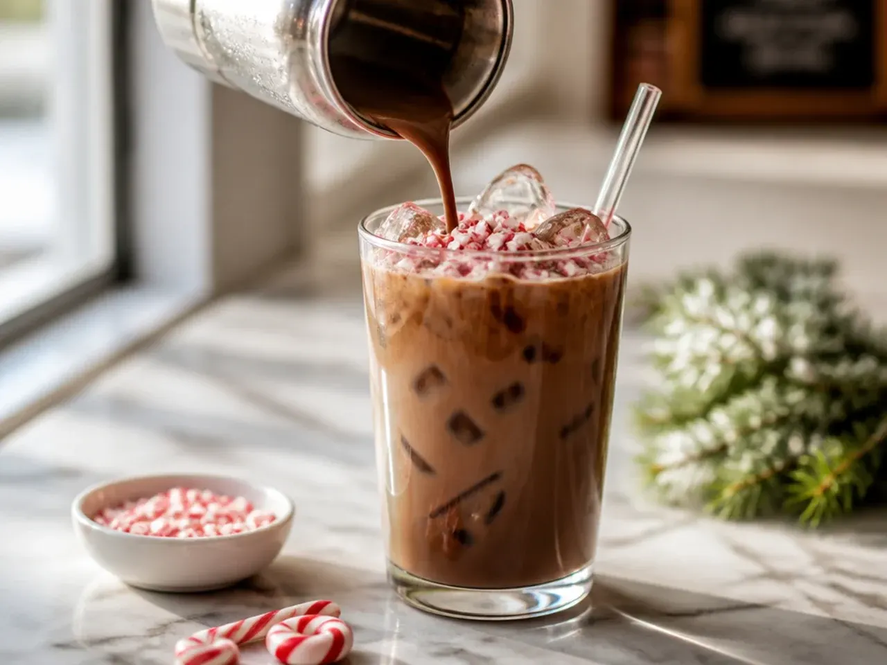 Festive sugar-free peppermint mocha in a mug topped with crushed candy cane pieces