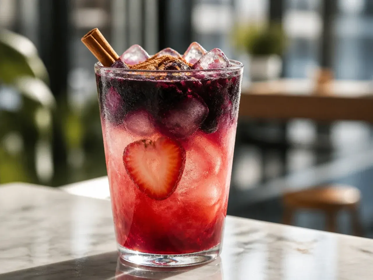 Layered strawberry acai refresher with coconut milk floating on top of pink hibiscus tea over ice