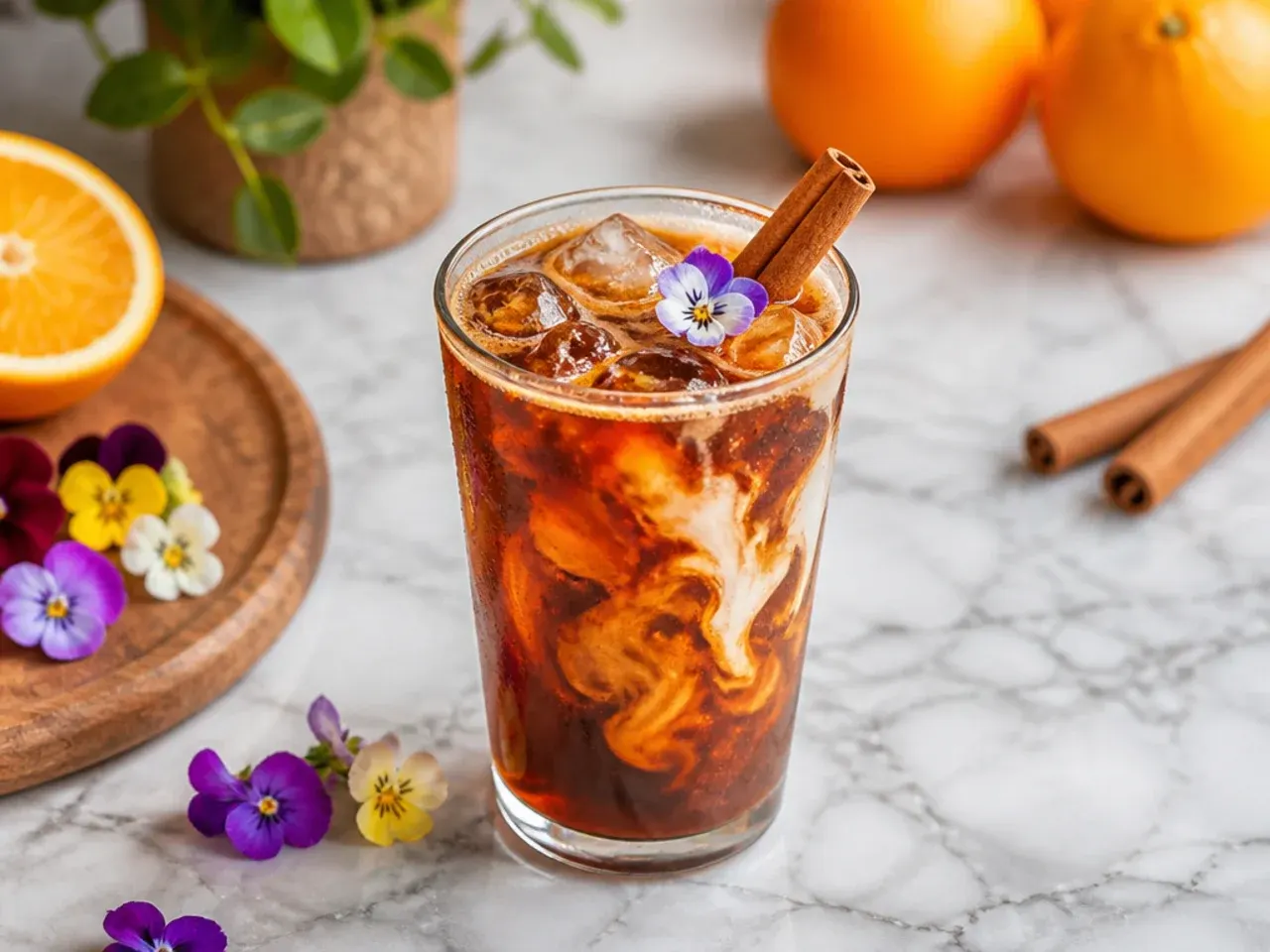 Bold cold brew coffee with cinnamon over ice in a tall glass