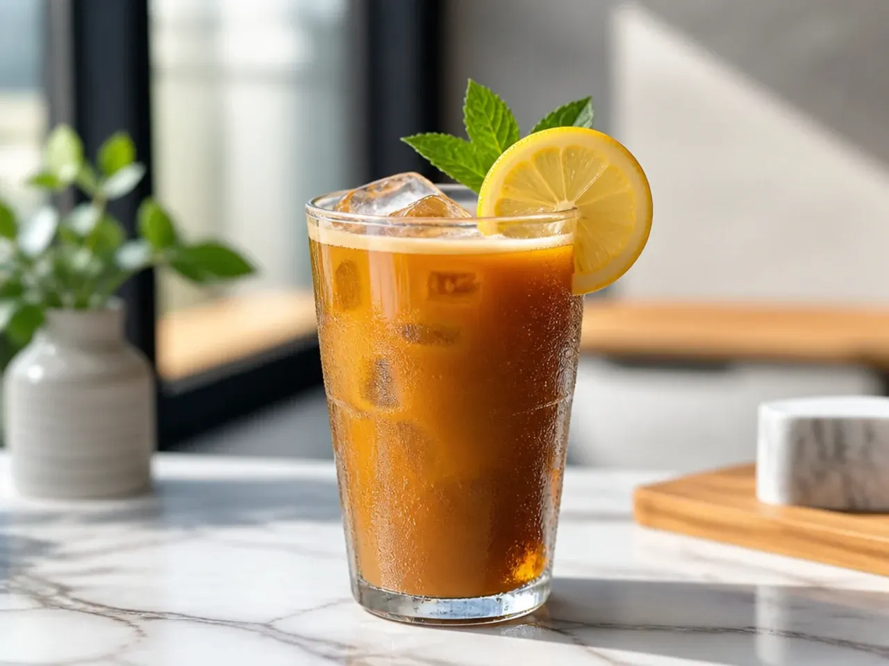 Iced blonde Americano with vanilla in a glass with ice and a light golden colour