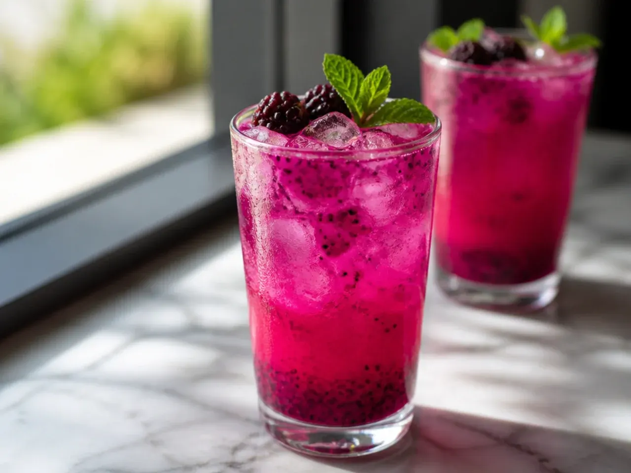 Copycat Dragon Drink in a glass with coconut milk and diced mango over hibiscus tea and ice