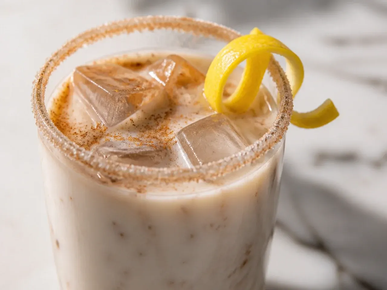 Creamy skinny chai tea latte in a glass mug with light foam and a sprinkle of cinnamon