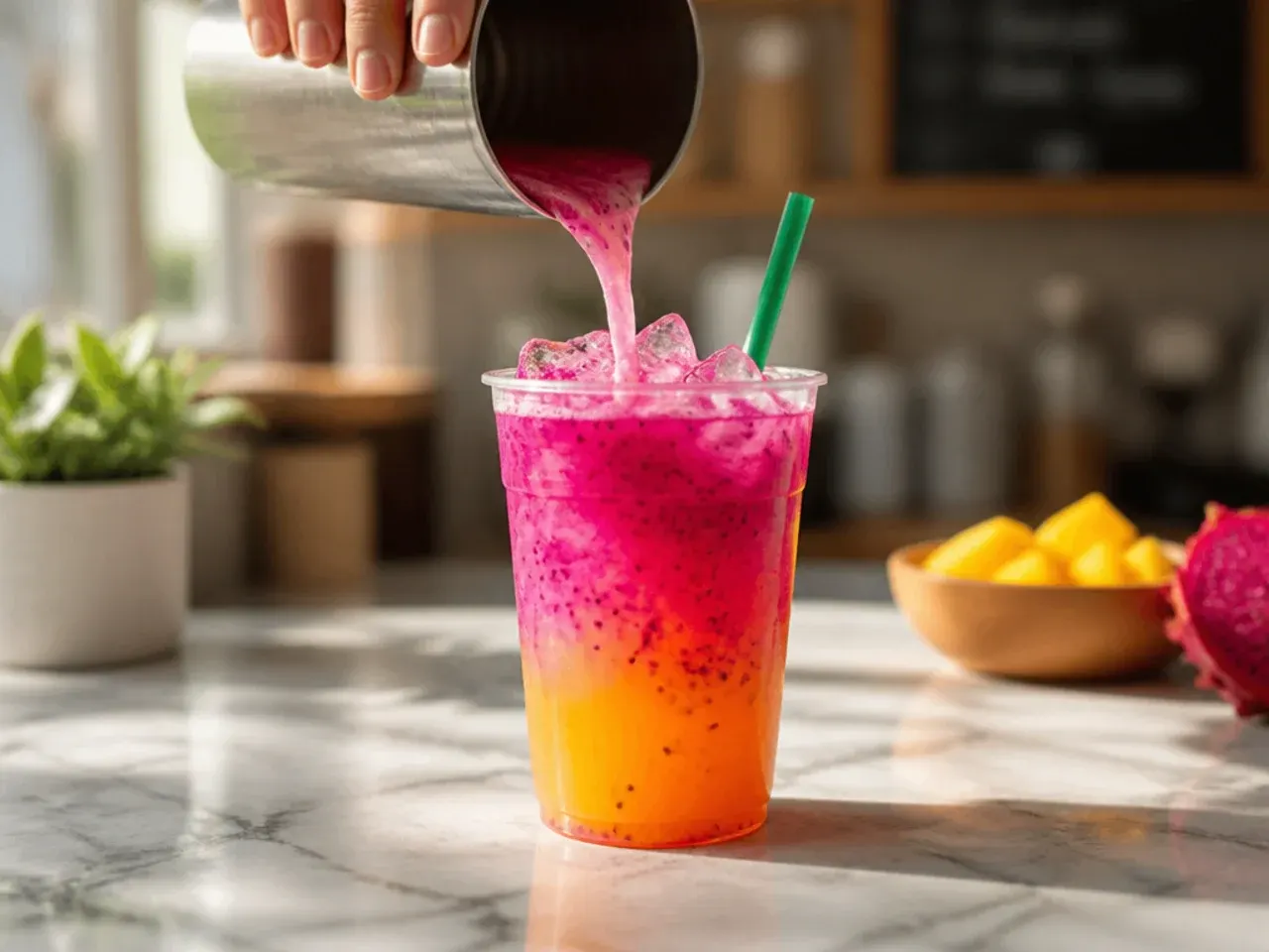 Refreshing mango dragonfruit refresher in a glass with vivid pink fruit pieces and ice