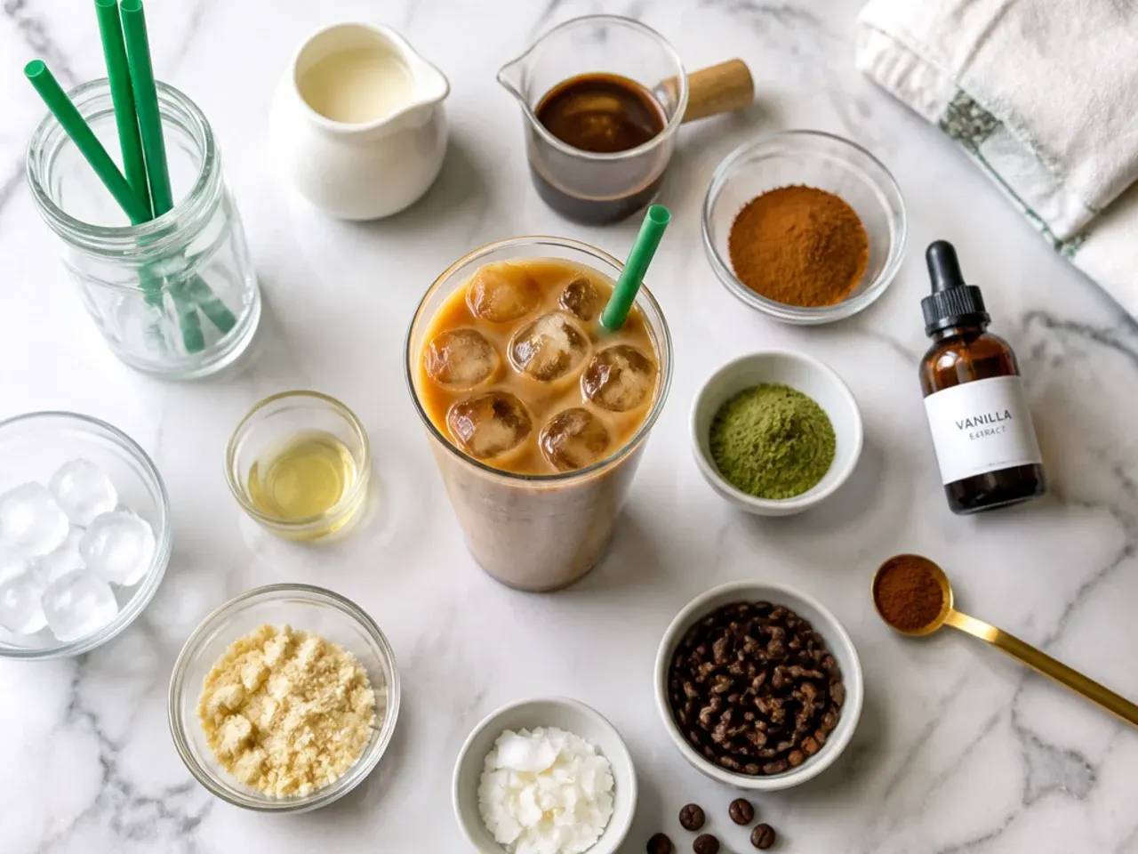 Hands frothing milk in a jar next to a cup of espresso and syrup bottles