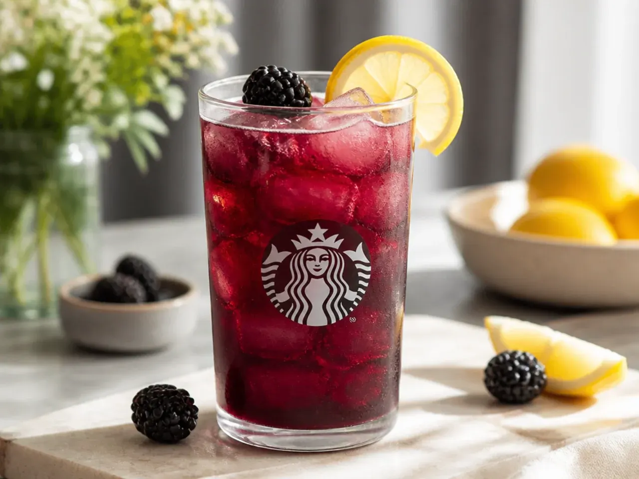 Healthy Starbucks copycat drinks garnished with mint, berries, and lime wheels on a serving tray