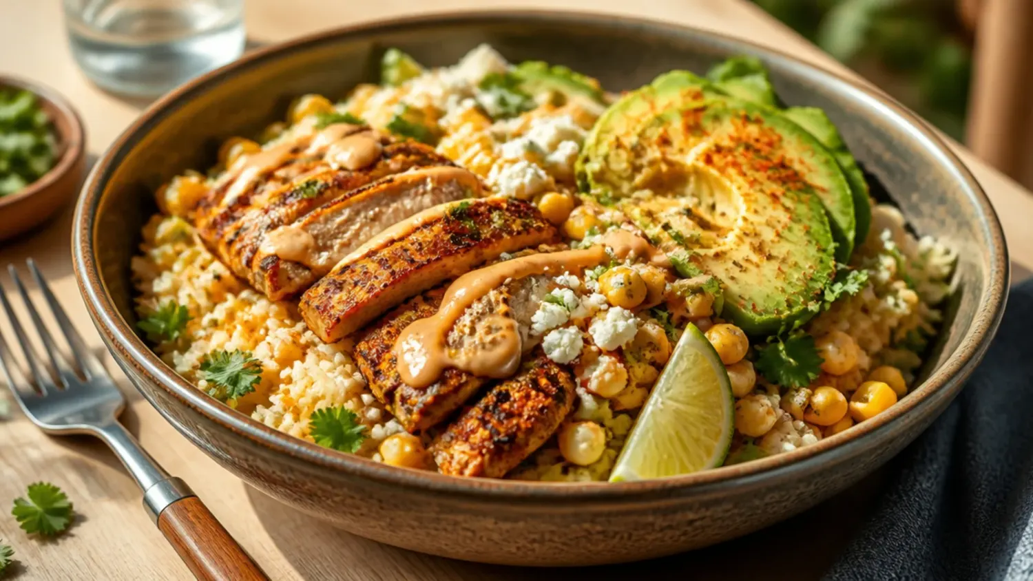 Overhead shot of a healthy street corn chicken rice bowl with grilled chicken, charred corn, black beans, avocado and cotija cheese over rice