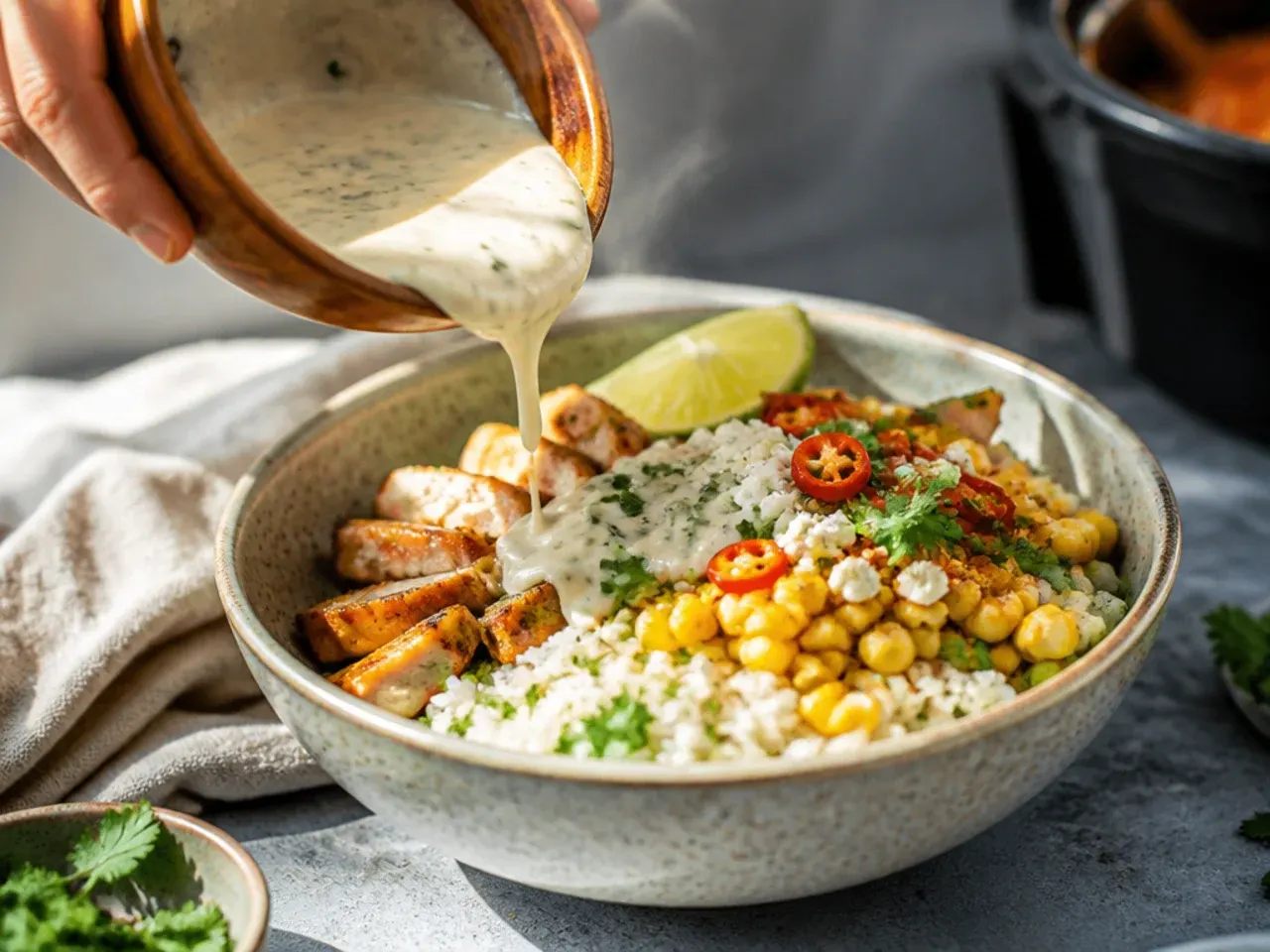 healthy street corn chicken rice bowl recipe step 5