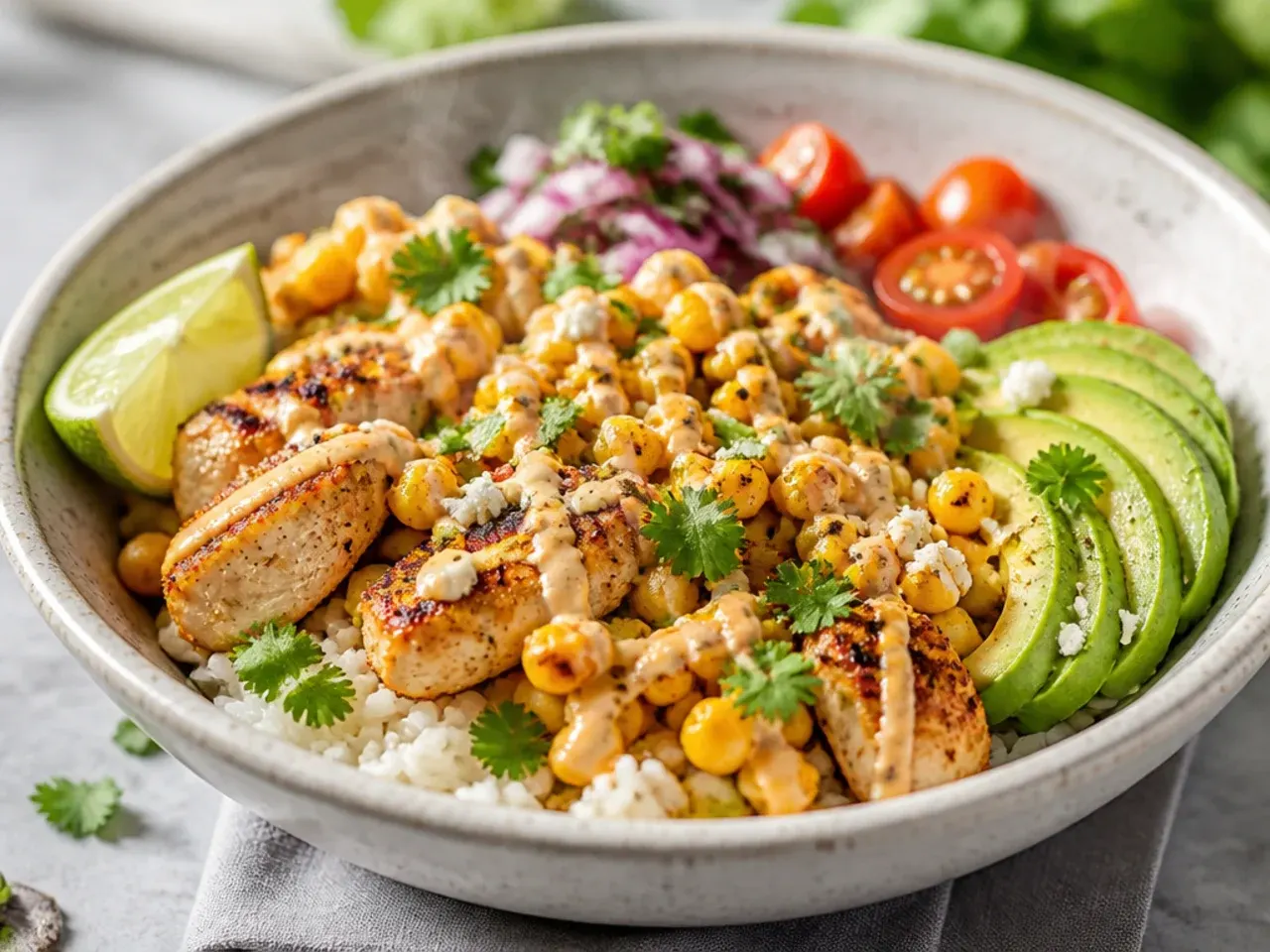 Ingredients for a street corn chicken rice bowl laid out on a kitchen counter