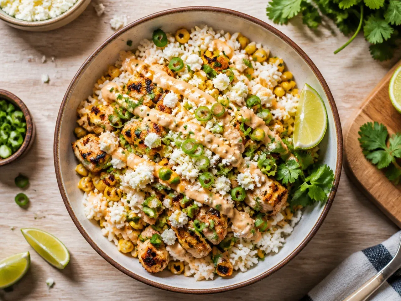 Classic street corn chicken rice bowl with charred corn and cotija cheese