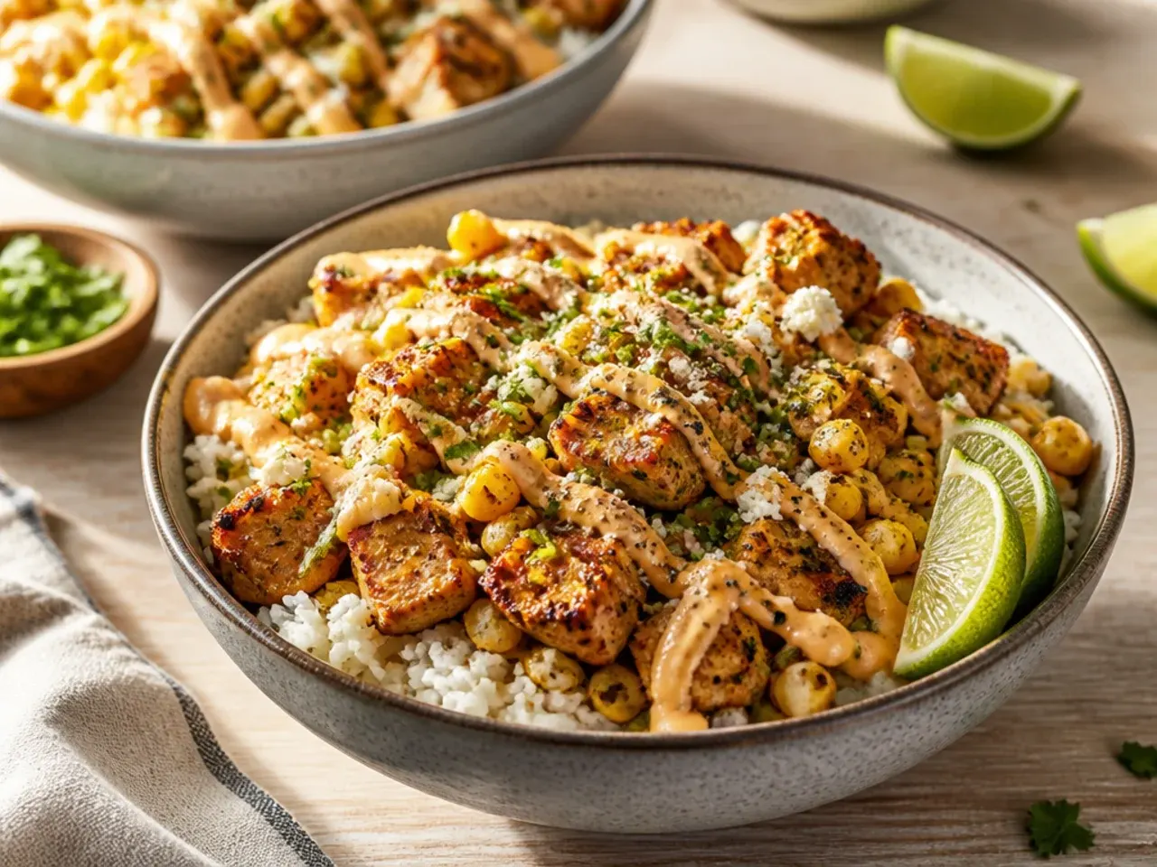 Quick easy street corn chicken rice bowl assembled in a bowl