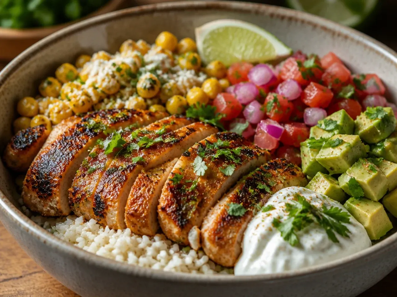 Cozy smoky street corn chicken rice bowl with chipotle chicken