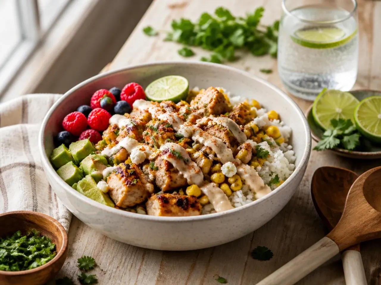 Sheet-pan street corn chicken rice bowl ingredients roasted on a tray
