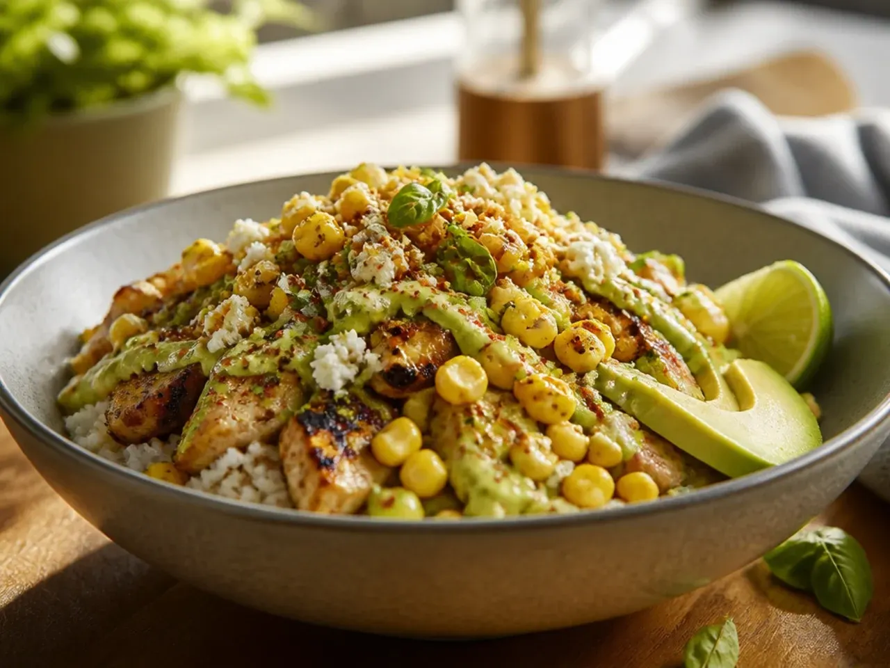 Creamy avocado crema drizzled over a street corn chicken rice bowl