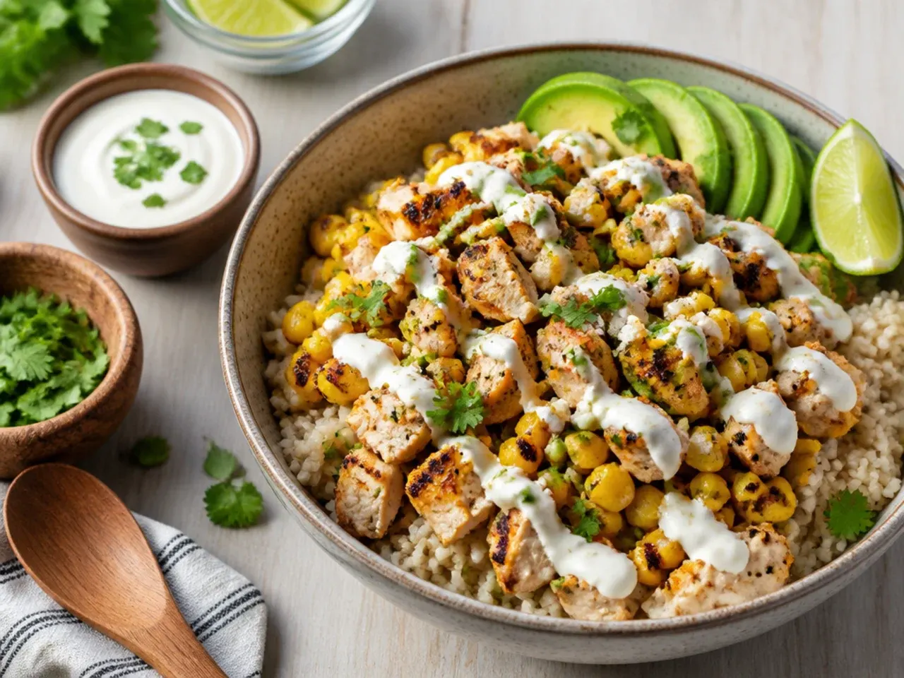 Loaded street corn chicken rice bowl topped with beans, tomato and avocado