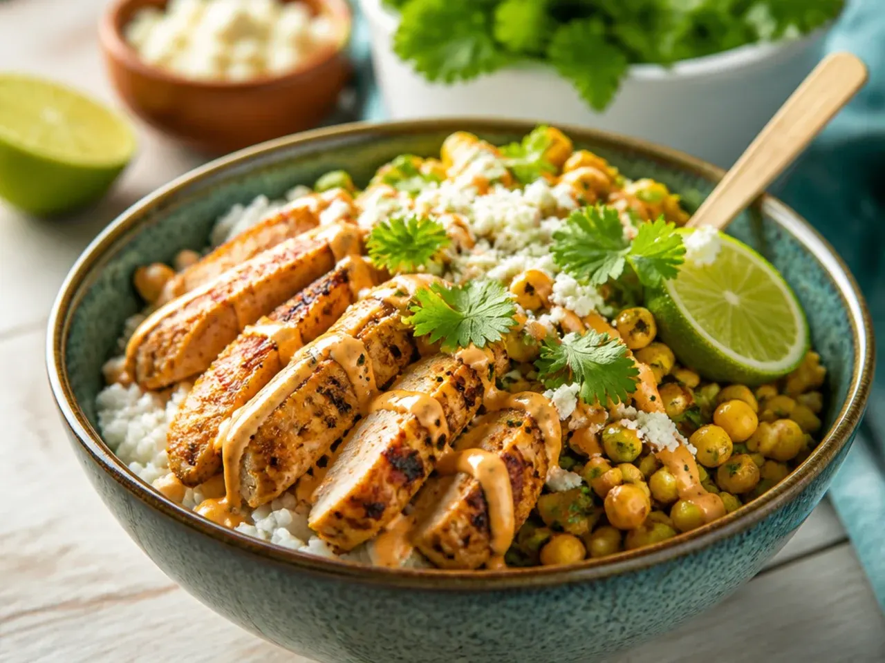 Best-ever marinated and charred street corn chicken sliced over rice