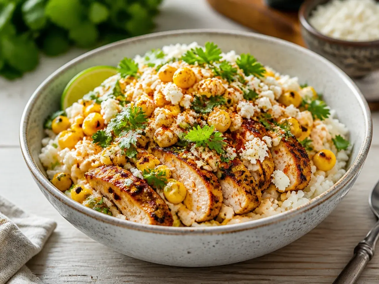 Cheesy street corn chicken rice bowl topped generously with crumbled cotija