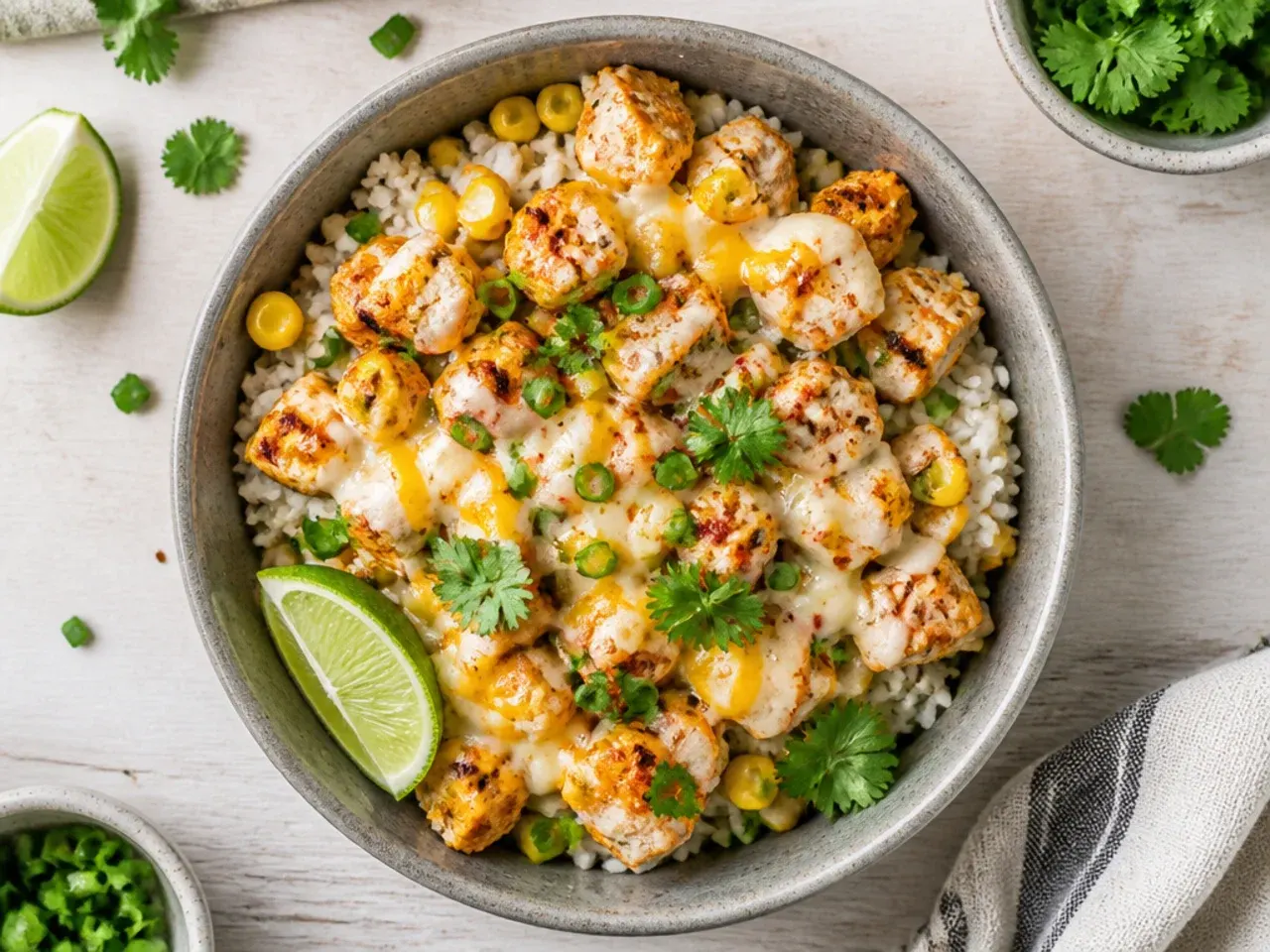 Budget-friendly street corn chicken rice bowl with tinned corn and beans